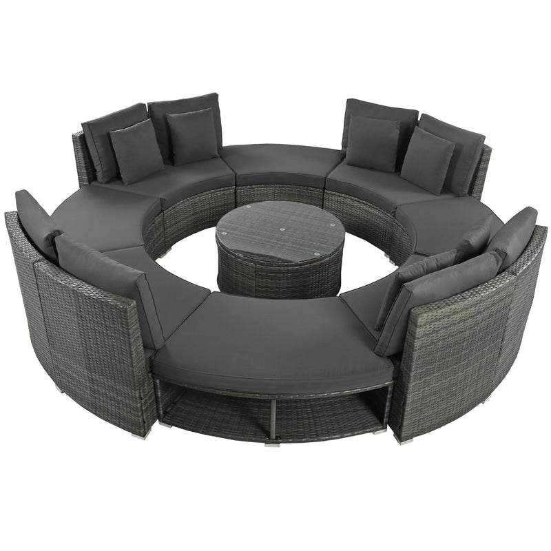 Outdoor Patio Furniture Luxury Circular Sofa Set Rattan Wicker Sectional Sofa Lounge Set With Tempered Glass Coffee Table, 6 Pillows