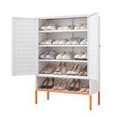 Grid Double Door Shoe Cabinet With Adjustable Compartments And Moisture-Proof Design In White Metal