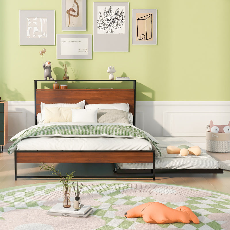 Full Size Metal Platform Bed Frame with Trundle, USB Ports and Slat Support ,No Box Spring Needed Black