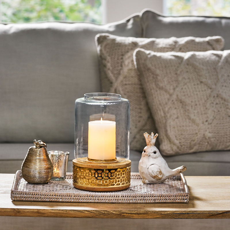 Lippert Boho Handcrafted Mango Wood Hurricane Candle Holder With Tempered Glass And Metal Accents, Large - Natural