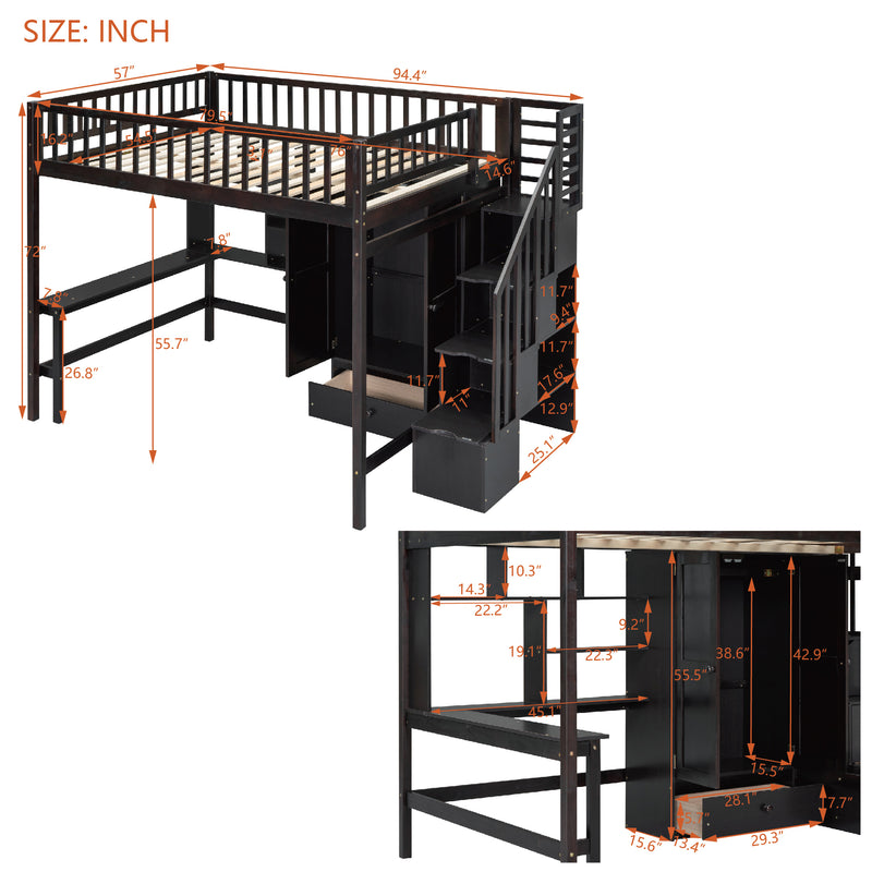 Full size Loft Bed with Bookshelf,Drawers,Desk,and Wardrobe-Espresso