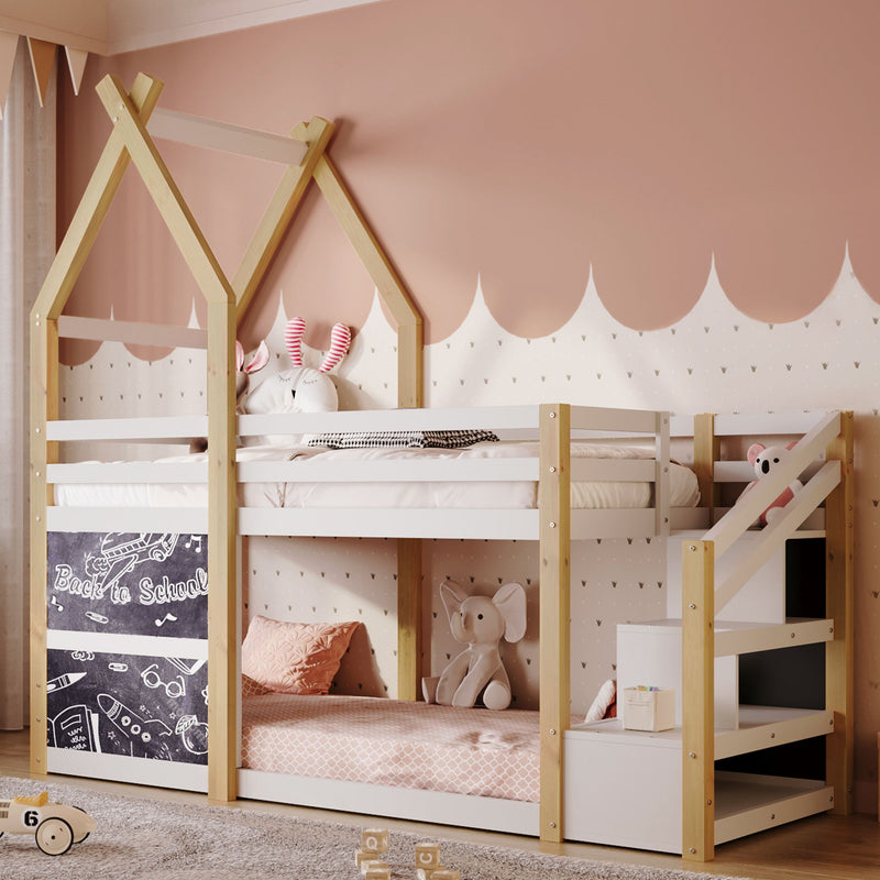 Twin Over Twin House Bunk Bed With White Storage Staircase And 2 Blackboards - White / Natural