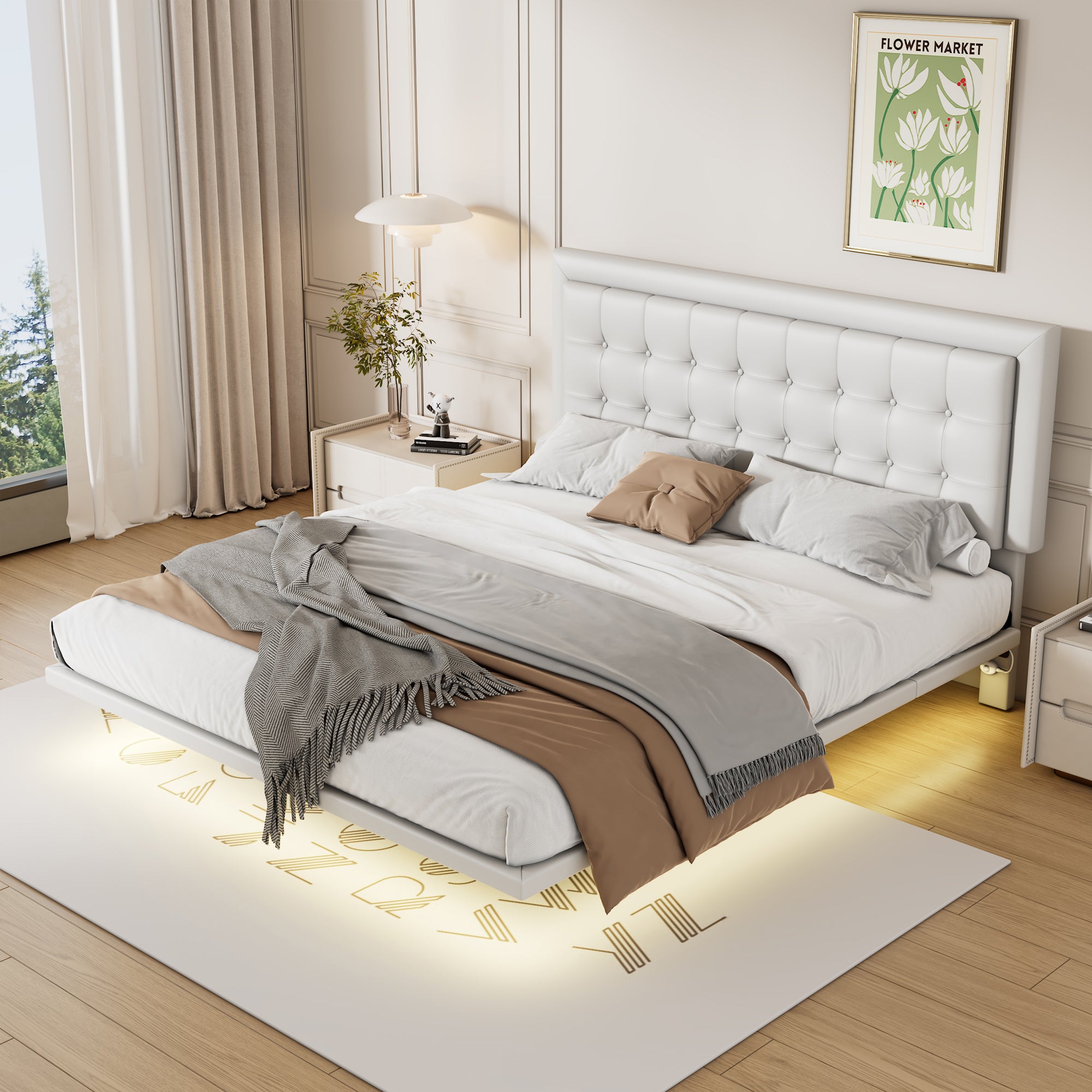Queen Size Floating Bed Frame with Motion Activated Night Lights,Modern PU Upholstered Button Tufted Platform Bed Frame,White - Atlantic Fine Furniture Melbourne FL