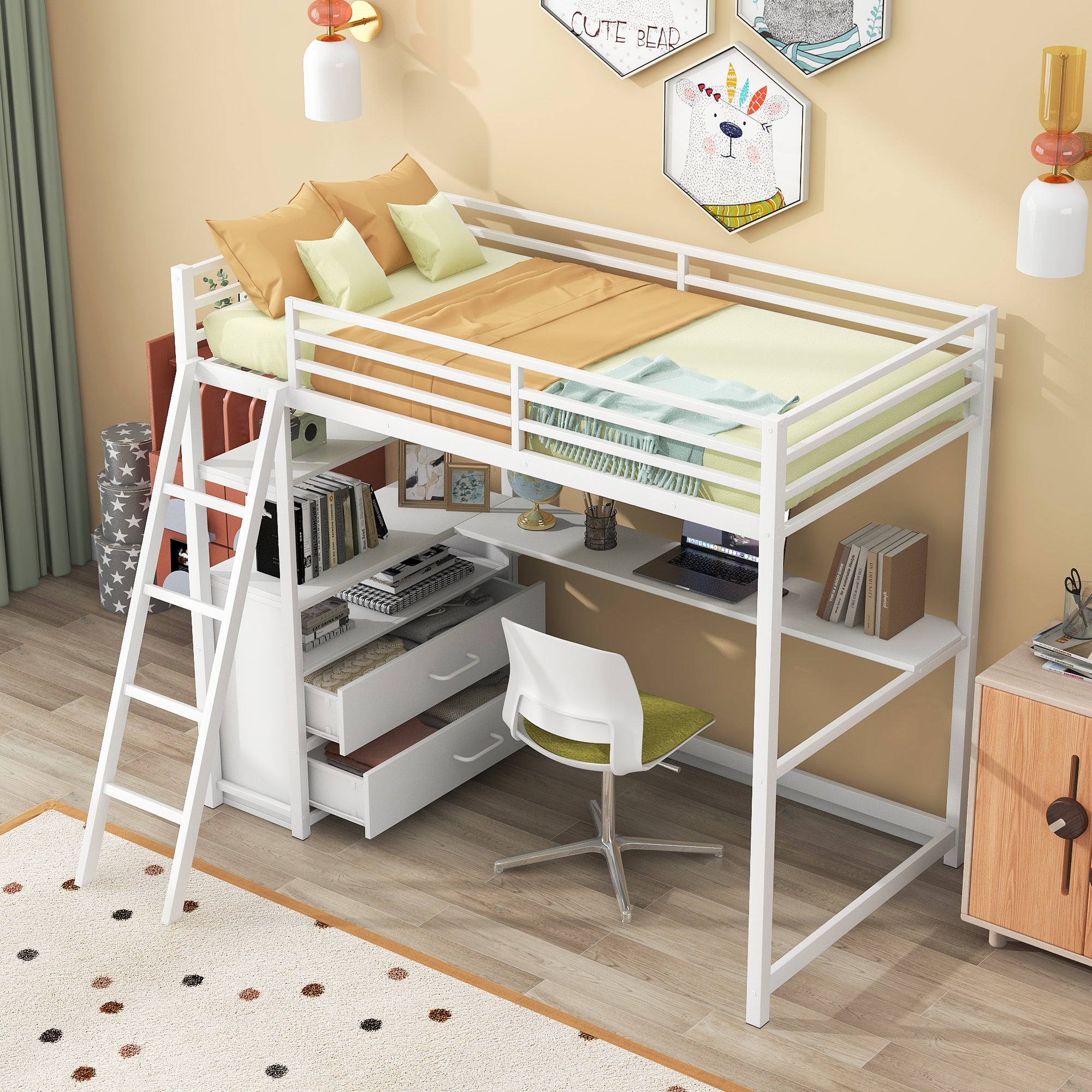 Twin Size Metal&Wood Loft Bed with Desk and Shelves, Two Built-in Drawers, White - Atlantic Fine Furniture Melbourne FL