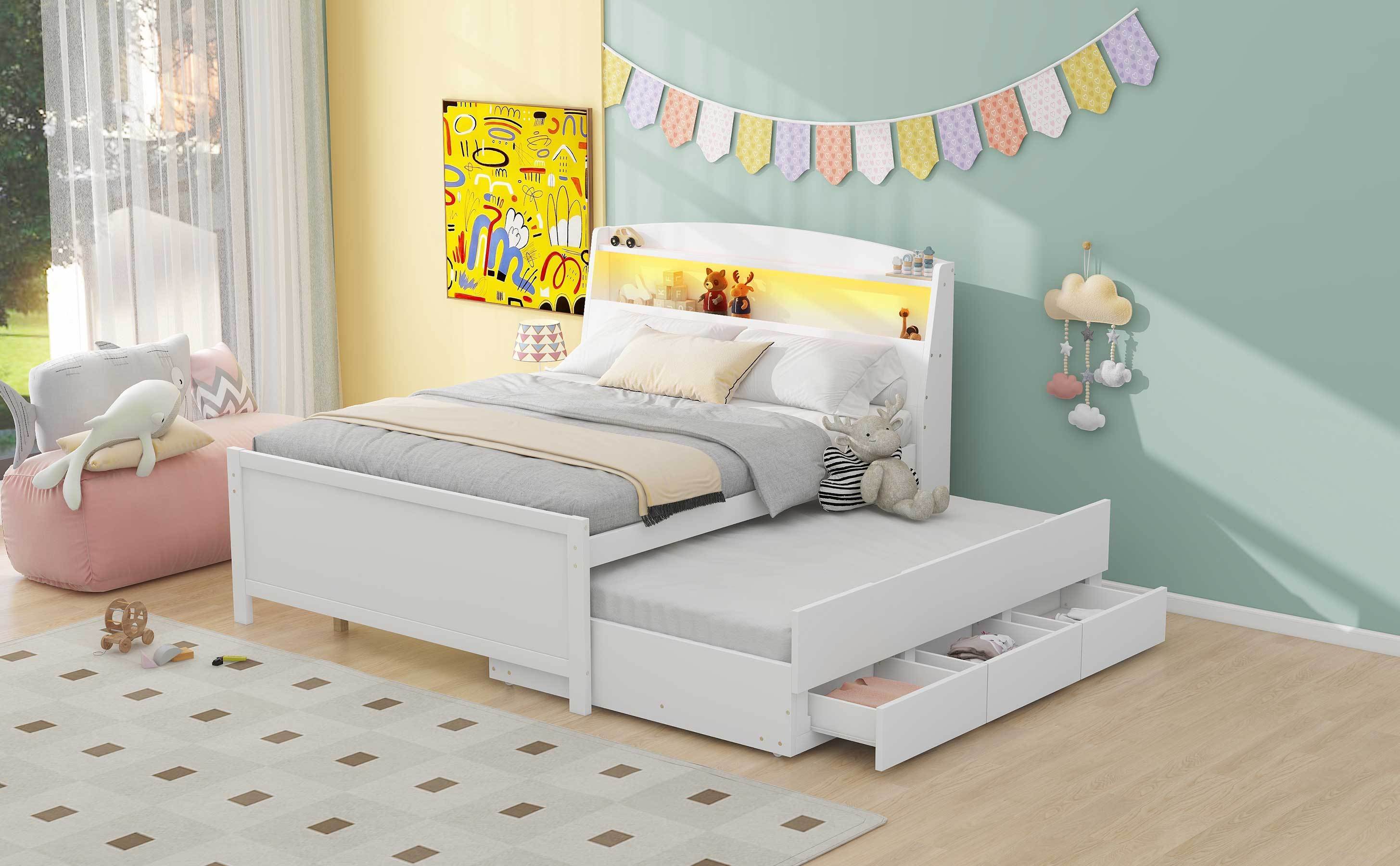 Full Size Platform Bed with Storage LED Headboard, Twin Size Trundle and 3 Drawers, White - Atlantic Fine Furniture Melbourne FL