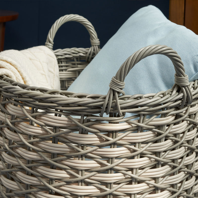 Round Resin Woven Wicker Multi Use Storage Basket With Handles - Cream / Gray