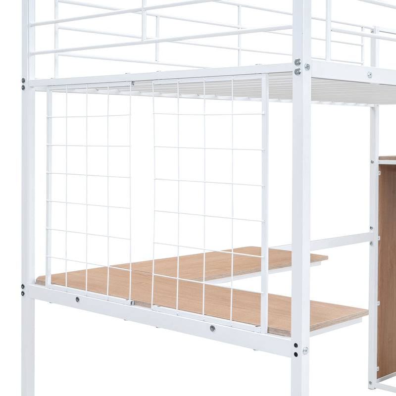 Twin Size Metal Loft Bed with Desk and Metal Grid, Stylish Metal Frame Bed with Lateral Storage Ladder and Wardrobe, White