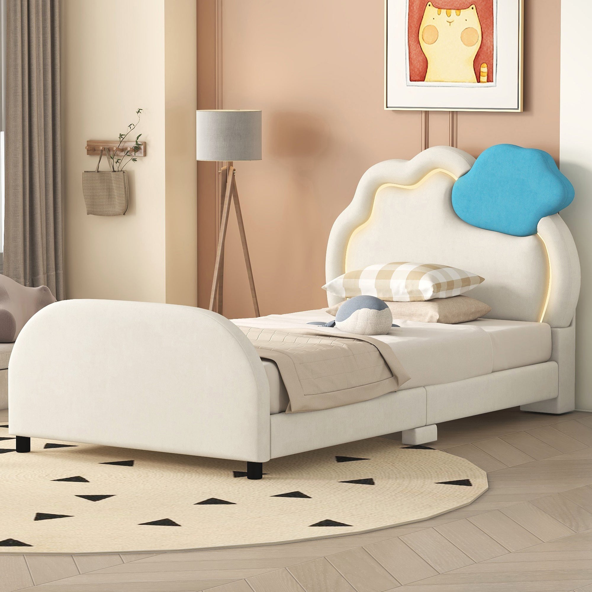 Twin Size Upholstered Platform Bed with Cloud-Shaped Headboard and Embedded Light Stripe, Velvet, Beige - Atlantic Fine Furniture Melbourne FL