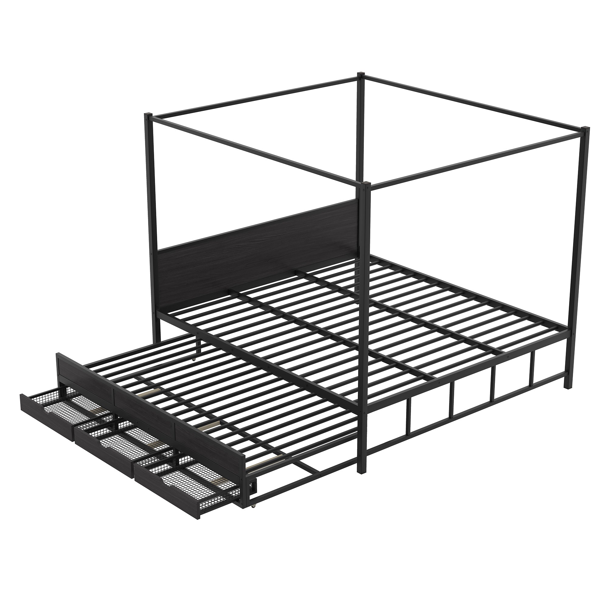 Queen Size Metal Canopy Platform Bed with Twin Size Trundle and 3 Storage Drawers, Black - Atlantic Fine Furniture Melbourne FL