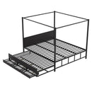 Queen Size Metal Canopy Platform Bed with Twin Size Trundle and 3 Storage Drawers, Black