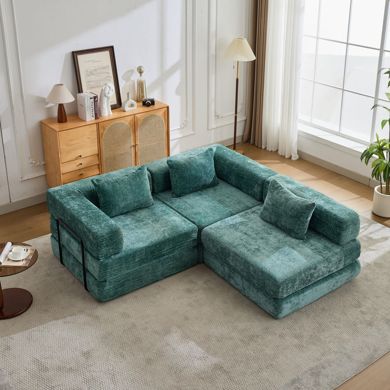 Convertible Floor Sofa Bed With Fixed Shape Frame, Boneless Modular Sectional Sofa, For Living Room - Dark Green
