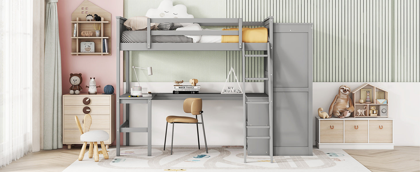 Twin size Loft Bed with Desk, Shelves and Wardrobe-Gray - Atlantic Fine Furniture Melbourne FL