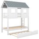 Twin Size House Bunk Bed With Trundle, Roof And Windows - White / Gray