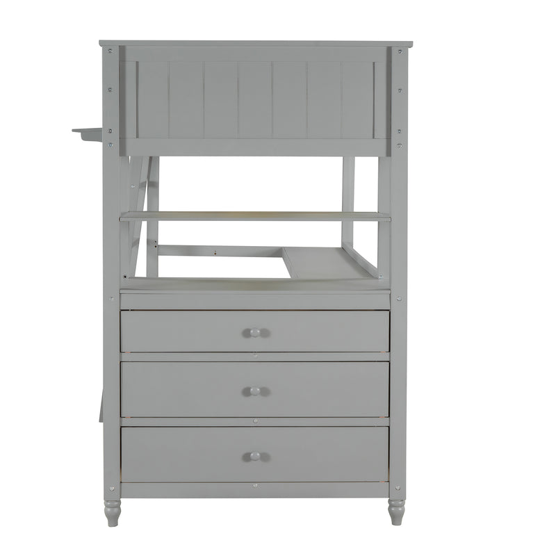 Twin size Loft Bed with Drawers and Desk, Wooden Loft Bed with Shelves - Gray(OLD SKU: LT001530AAE)