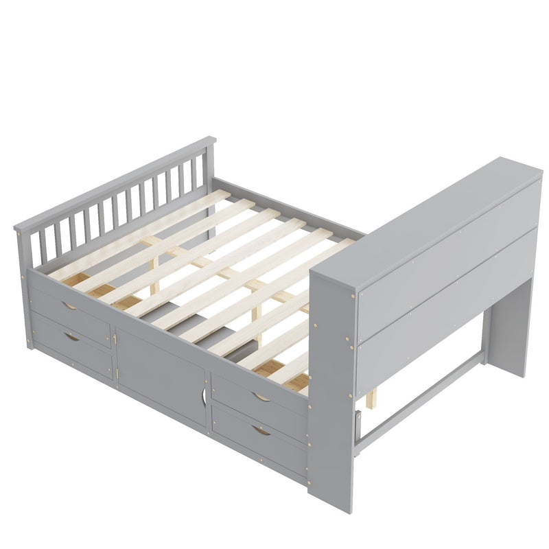 Captain Platform Bed Frame With Bookcase Headboard, 4 Drawers, Storage Shelves