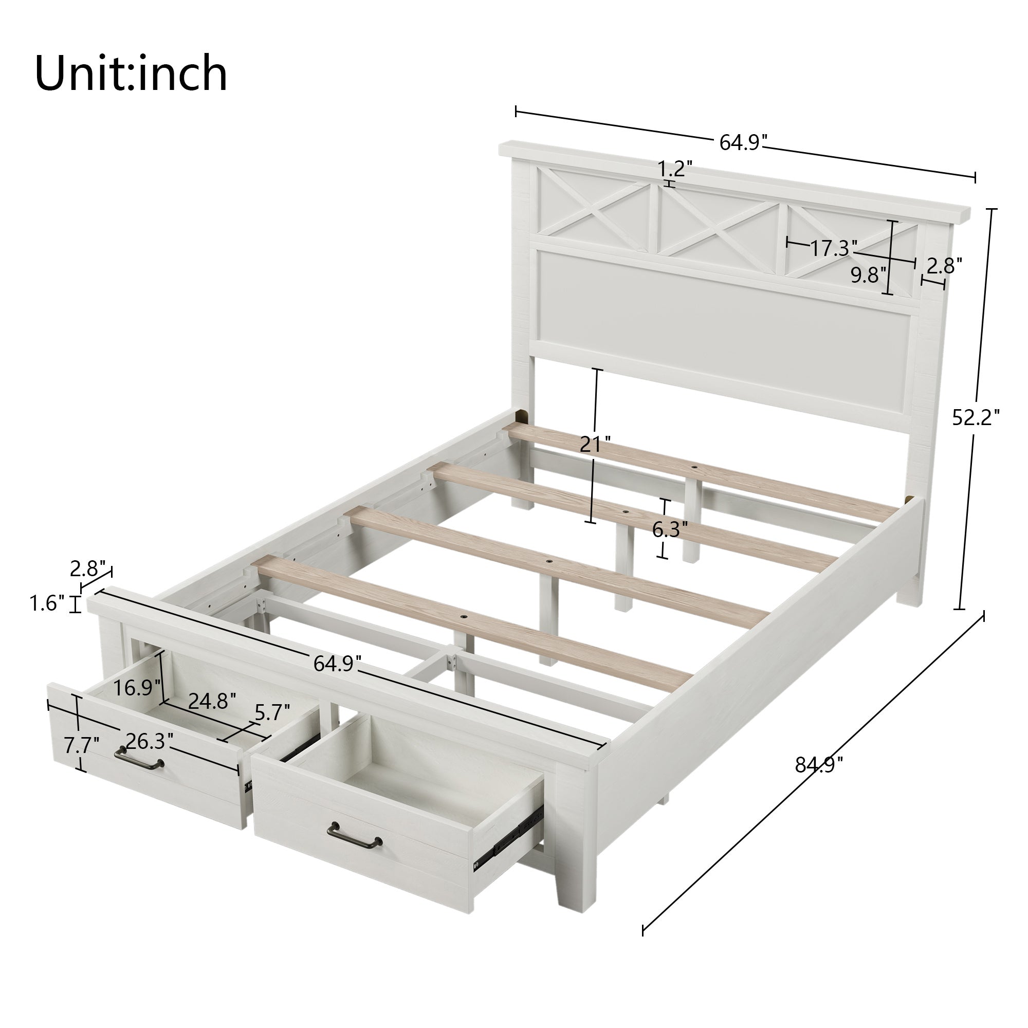 Rustic Farmhouse Style Whitewash Queen Storage Panel Bed with Two Drawers, White(old sku:BS301592AAK) - Atlantic Fine Furniture Melbourne FL