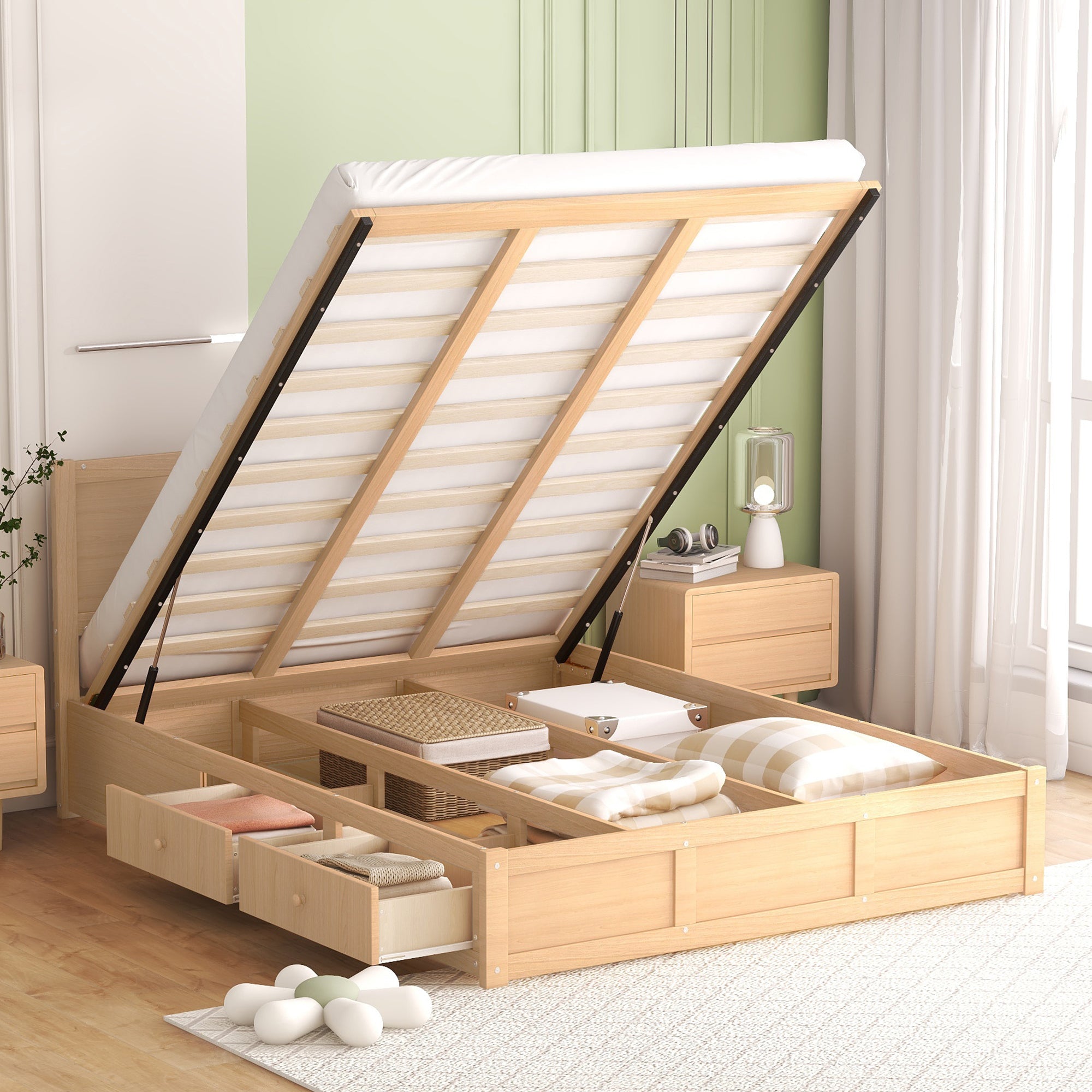 Queen Size Wood Platform Bed with Underneath Storage and 2 Drawers, Wood Color - Atlantic Fine Furniture Melbourne FL