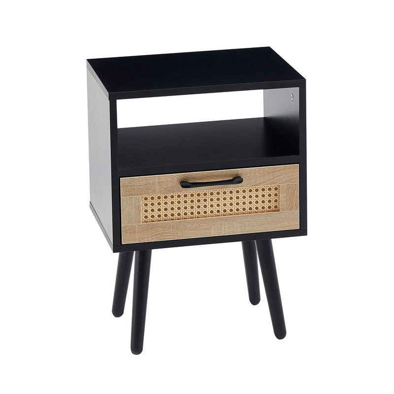 15.75" Rattan End Table With Drawer And Solid Wood Legs, Modern Nightstand, Side Table For Living Room, Bedroom