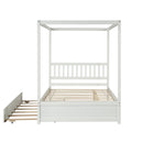 Full Size Canopy Bed with Twin Trundle, Kids Solid Wood Platform Bed Frame w/ Headboard, No Box Spring Needed White Color
