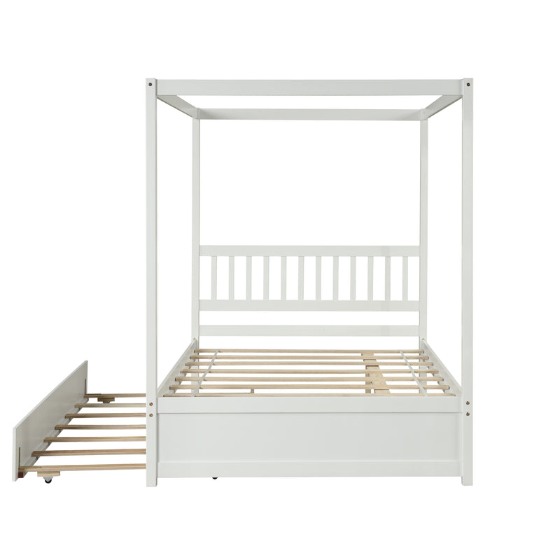 Full Size Canopy Bed with Twin Trundle, Kids Solid Wood Platform Bed Frame w/ Headboard, No Box Spring Needed White Color