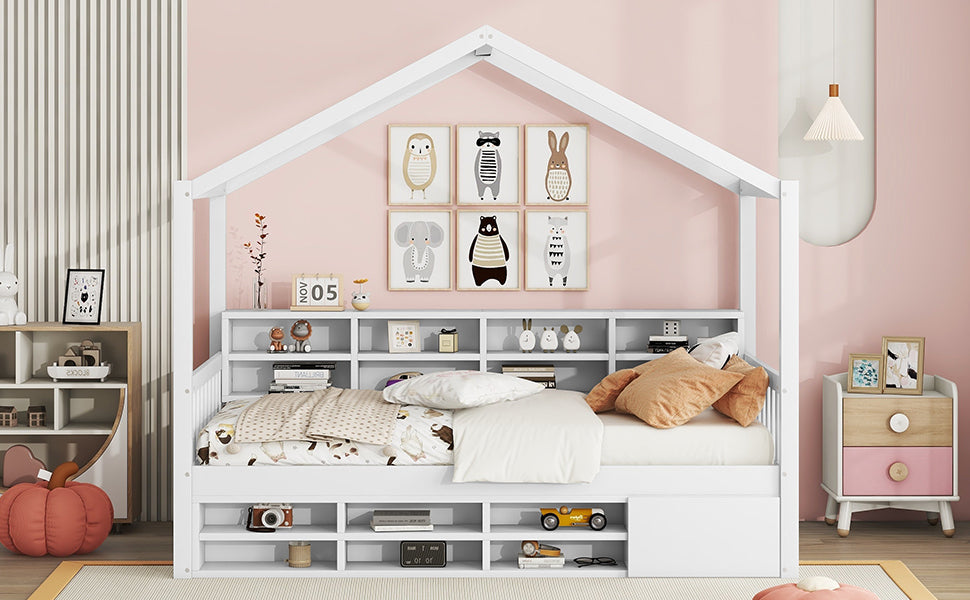 Twin Size Wooden House Bed with Shelves and a Mini-cabinet, White - Atlantic Fine Furniture Melbourne FL