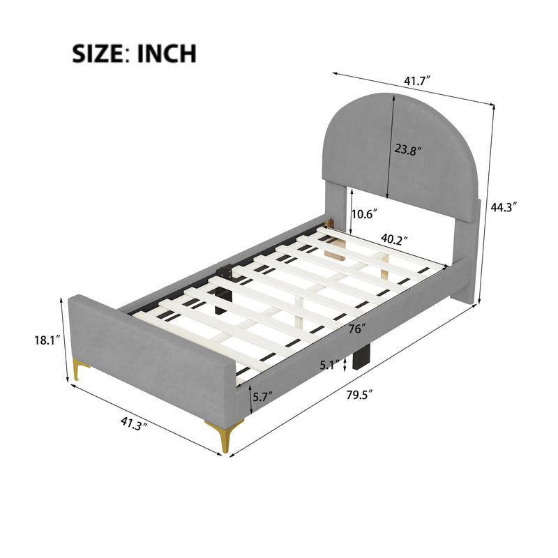 Twin Size Upholstered Platform Bed with Classic Semi-circle Shaped headboard and Mental Legs, Velvet, Gray