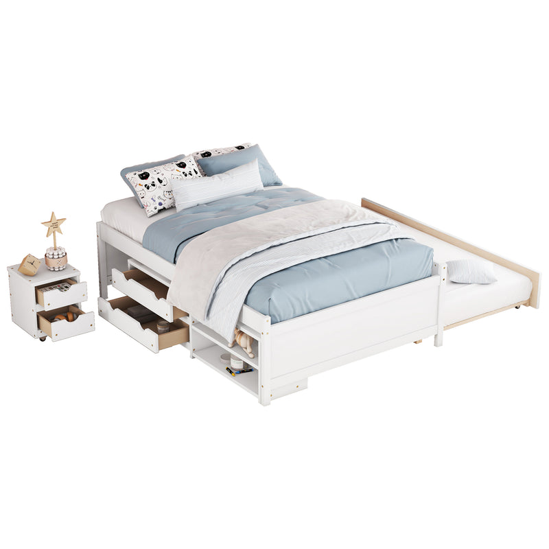 Versatile Full Bed with Trundle,Under bed Storage Box and Nightstand .White