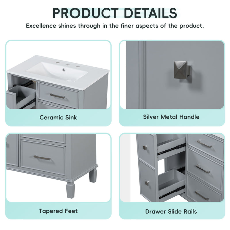Bathroom Vanity With Ceramic Sink, Flip Out Drawer Design For Plumbing, Soft Close Drawers