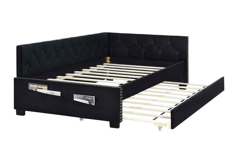 Upholstered Twin Size Daybed Bed Frame (Corner Bed) With Trundle, Velvet Fabric, Studding Design, No Box Spring Required