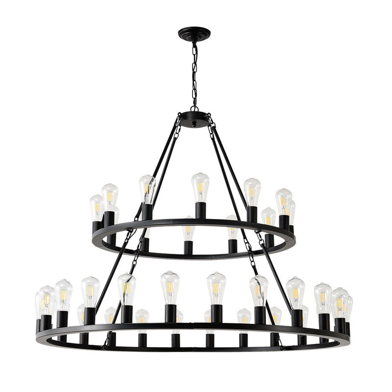 Extra Large Wagon Wheel Chandelier, 2 Tier 36 Lights (No Include) Farmhouse Industrial Round High Ceiling Pendant Light Adjustable Chain, For Dining Room, Living Room, Kitchen - Black