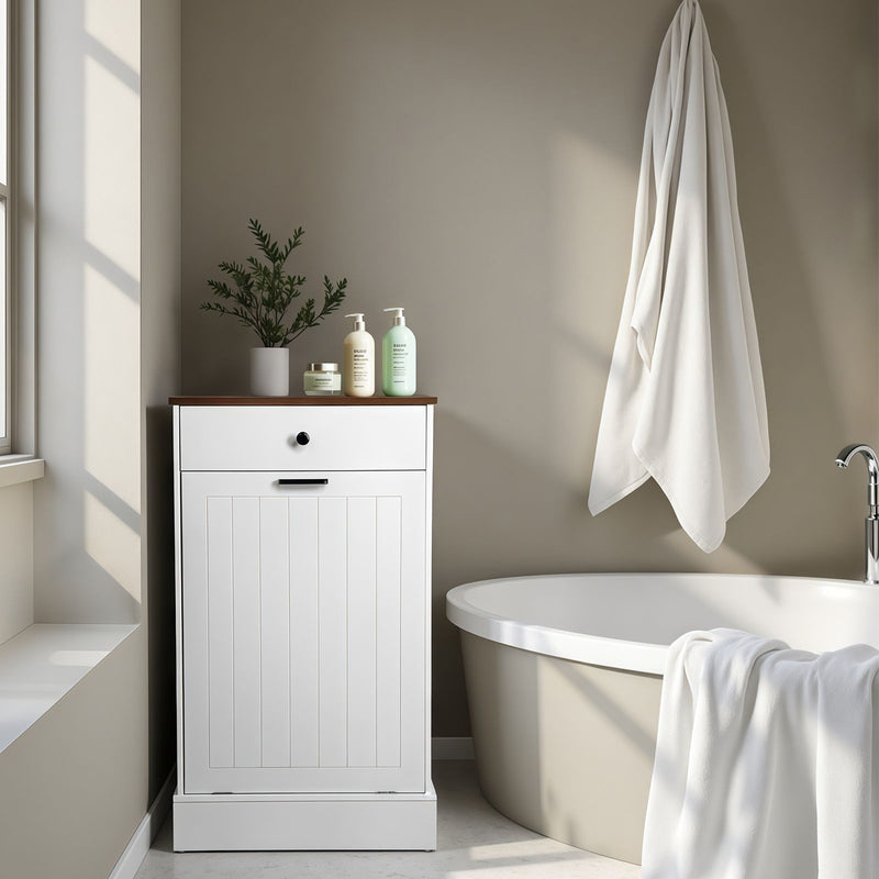Tilt Out Trash Cabinet With Drawer, 10 Gallon Hamper - White