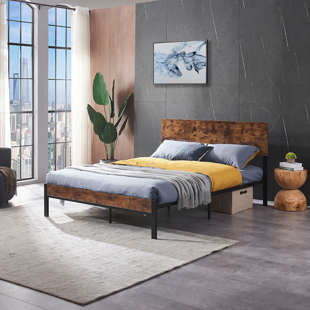 Queen Size Metal Platform Bed Frame with Wooden Headboard and Footboard, No Box Spring Needed, Large Under Bed Storage, Easy Assemble - Atlantic Fine Furniture Melbourne FL