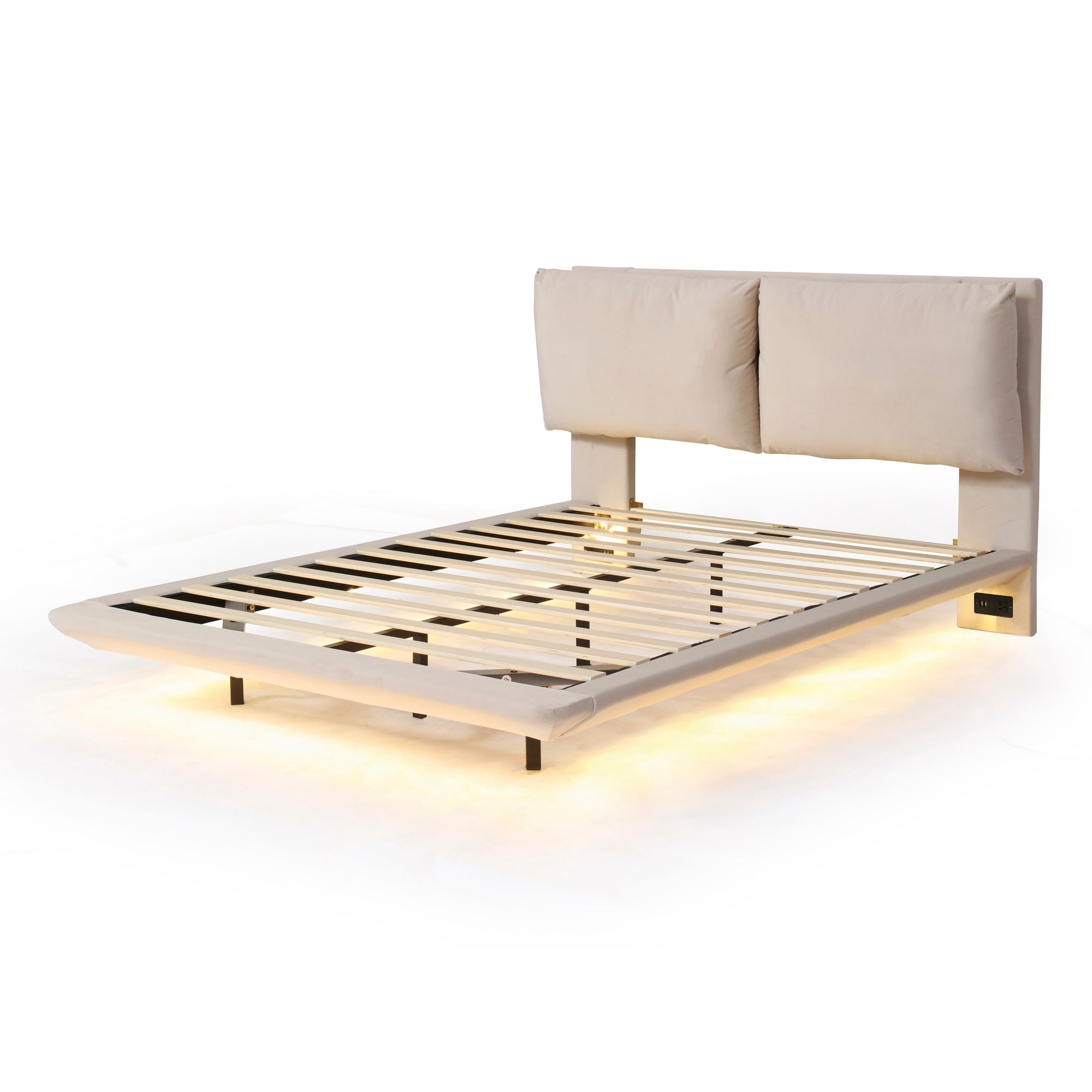 Queen Size Upholstered Platform Bed with Sensor Light and 2 Large Backrests, Stylish Platform Bed with 2 sets of USB Port and Socket on each rear Bed Leg, Beige - Atlantic Fine Furniture Melbourne FL