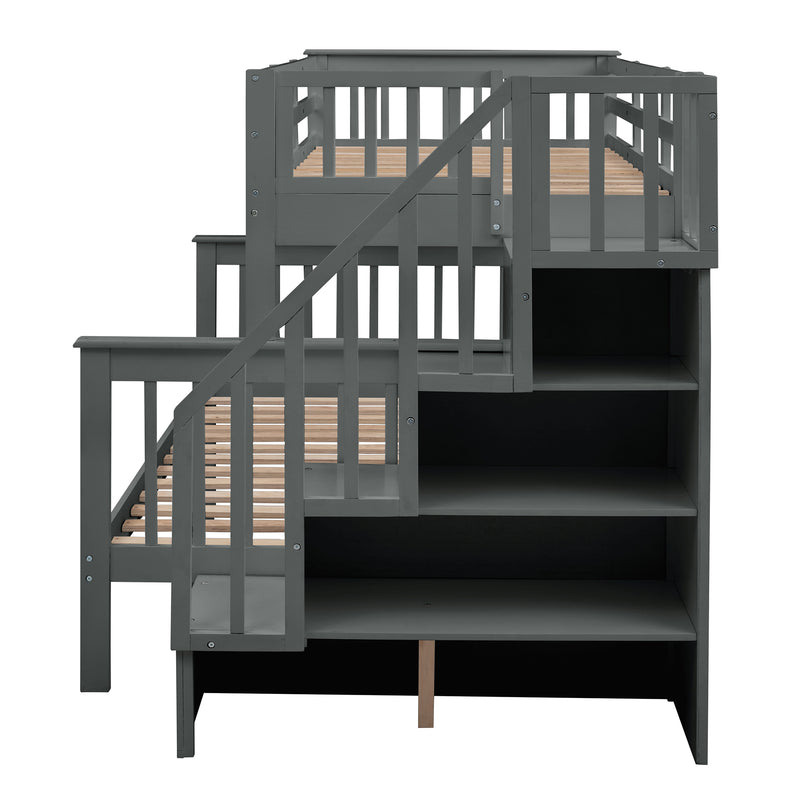 Stairway Twin-Over-Full Bunk Bed with Twin size Trundle, Storage and Guard Rail for Bedroom, Dorm, for Adults, Gray(OLD SKU :LT000119AAE)