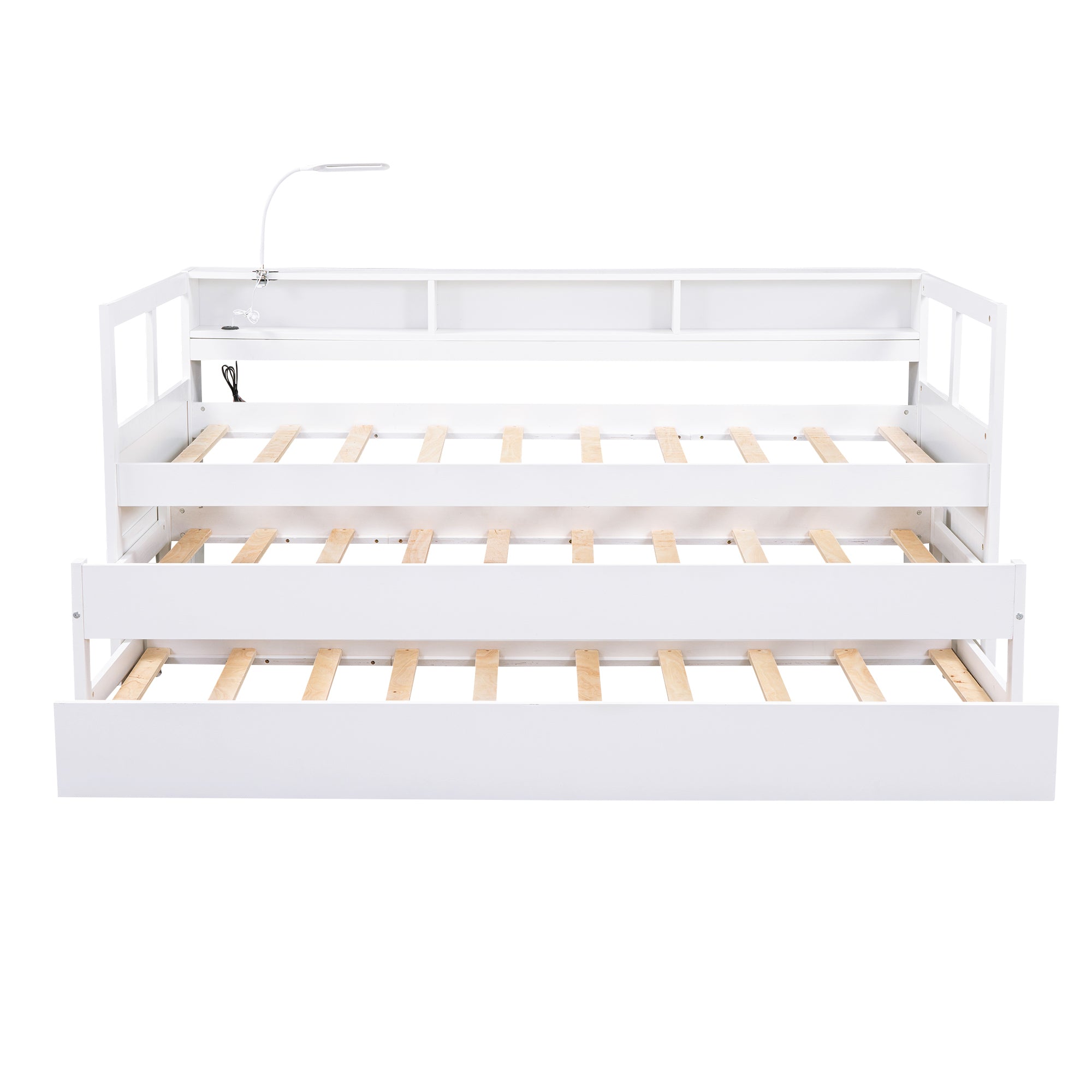 Twin XL Wood Daybed with 2 Trundles, 3 Storage Cubbies, 1 Light for Free and USB Charging Design, White - Atlantic Fine Furniture Melbourne FL