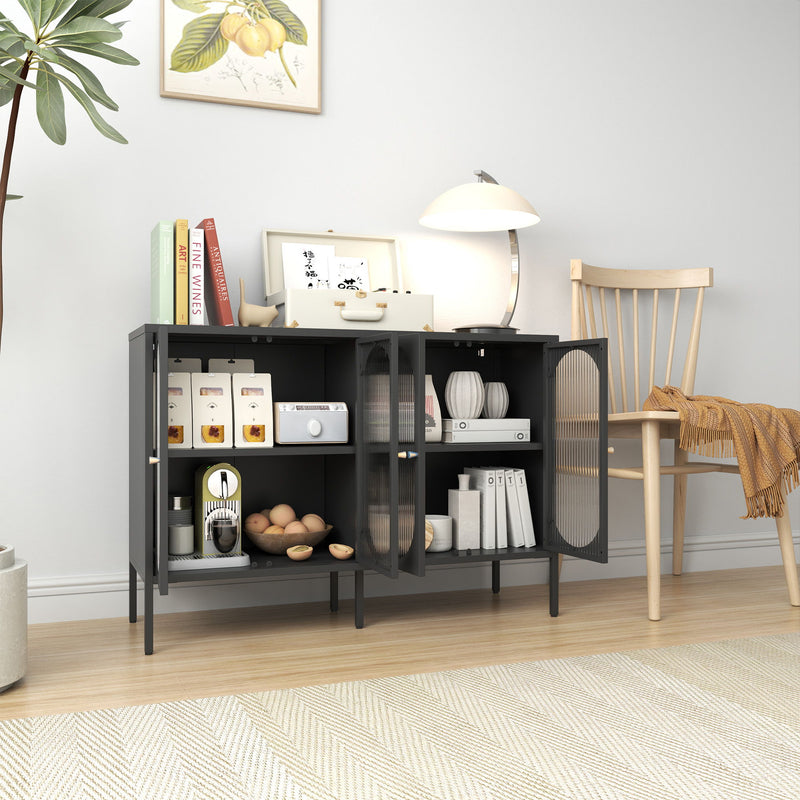 Modern Metal Sideboard Cabinet With 4 Glass Doors, Steel Kitchen Storage And Coffee Bar Cabinet - Black