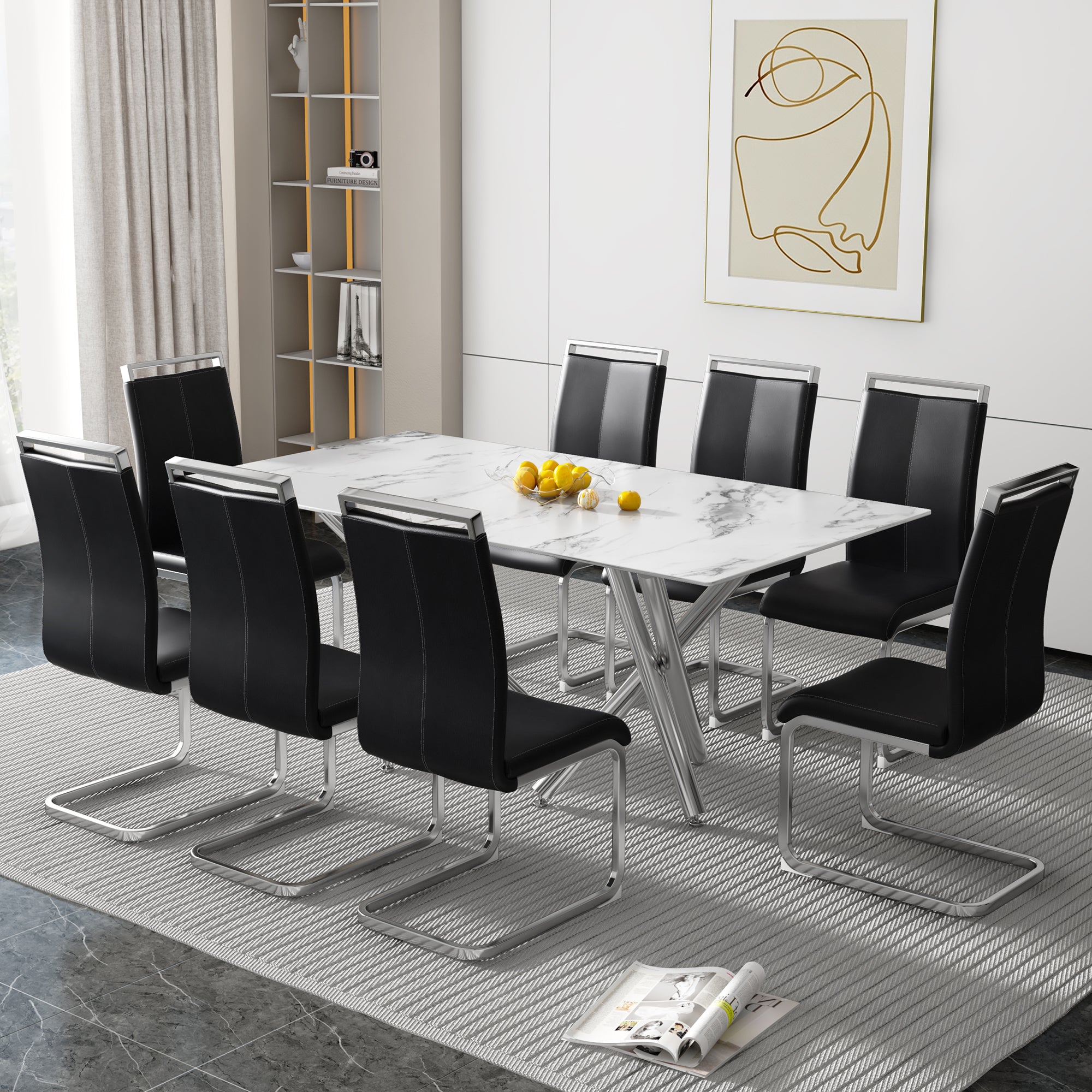 Large Modern Simple Rectangular Glass Dining Table for 6-8 People with 0.39-inch white imitation marble desktop and Silver Metal Legs for Kitchen Dining Living Room Meeting Room Banquet Hall 1538