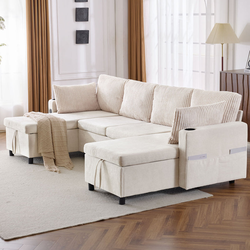 Sectional Sofa Bed With Pull Out Sleeper, USB Ports, Cup Holders