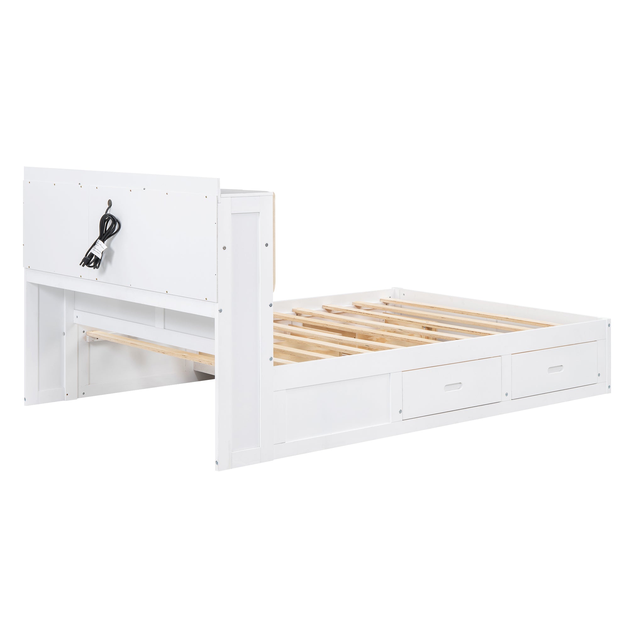 Wood Full Size Platform Bed with Storage Headboard and 4 Drawers, White