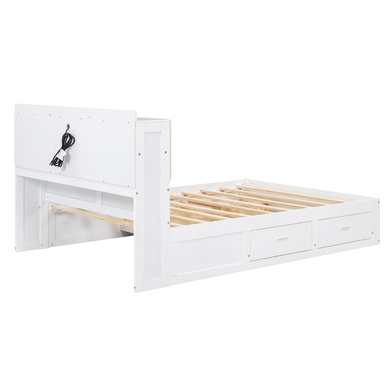 Wood Full Size Platform Bed with Storage Headboard and 4 Drawers, White