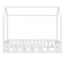 Twin Size Wood House Bed with Fence and Detachable Storage Shelves, White