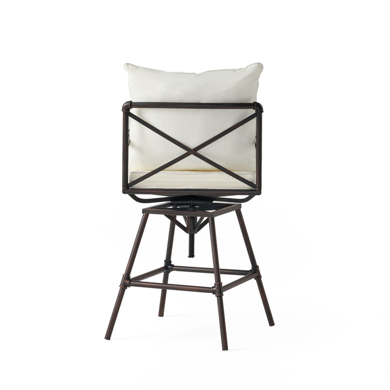 Industrial Outdoor Patio Plumber's Iron Frame Swivel Barstool With Cushions, Height Adjustable