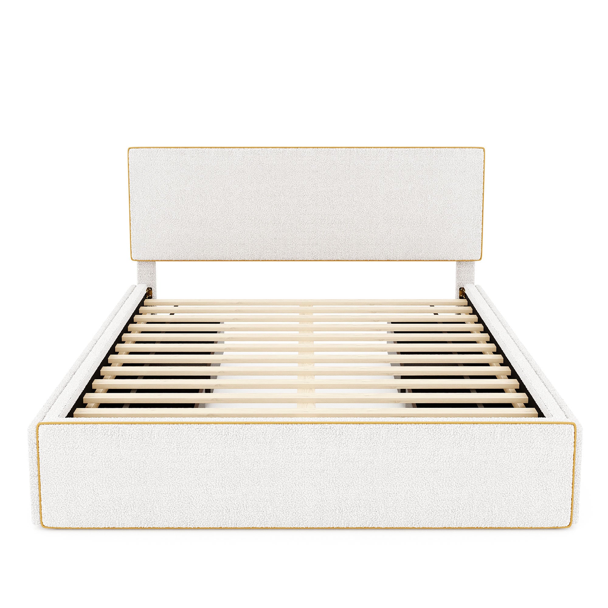 Queen Size Upholstered Platform Bed with 4 Drawers and Golden Edge on the Headboard & Footboard, White - Atlantic Fine Furniture Melbourne FL