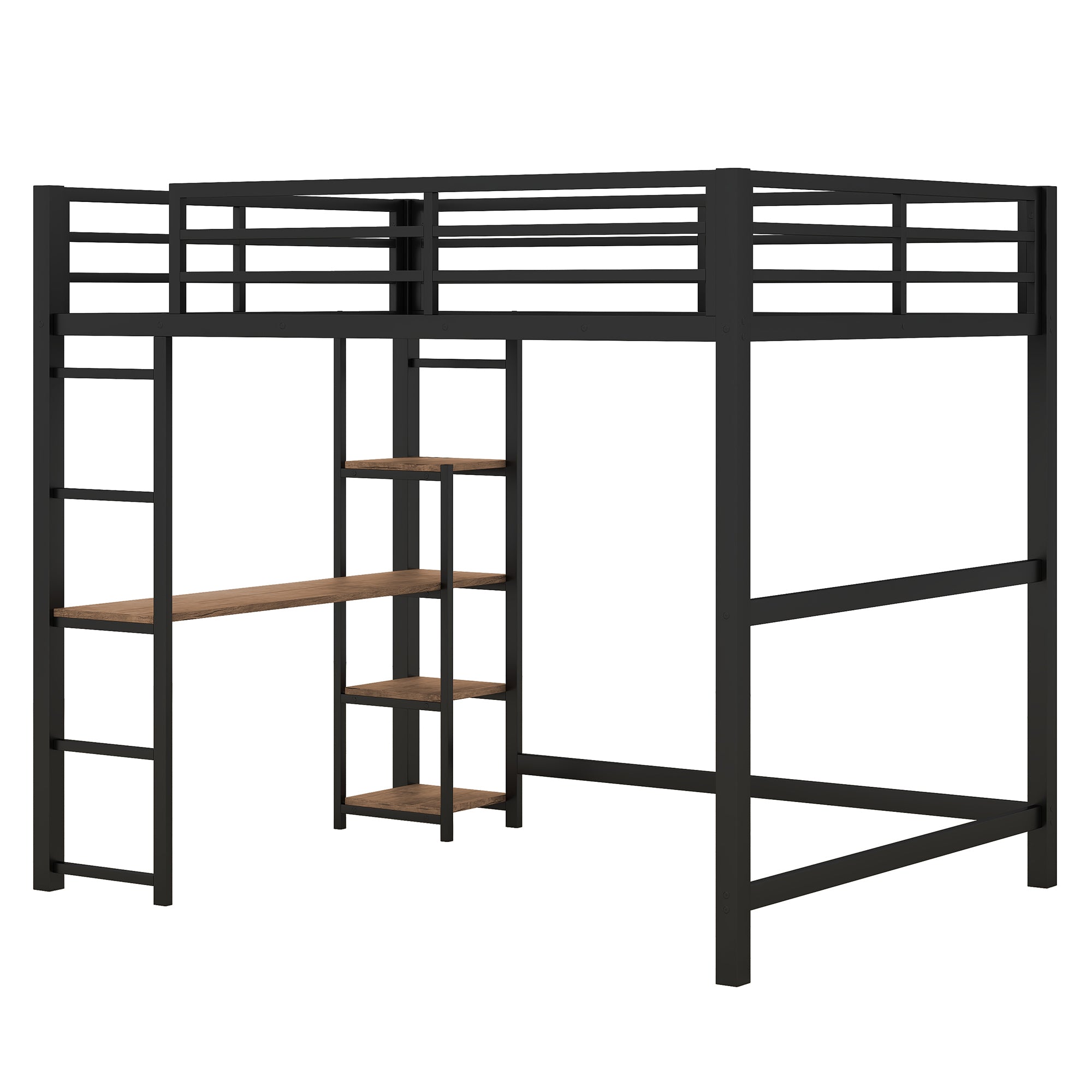 Full Size Metal Loft Bed with Built-in Desk and Storage Shelves, Black