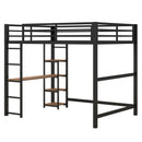 Full Size Metal Loft Bed with Built-in Desk and Storage Shelves, Black