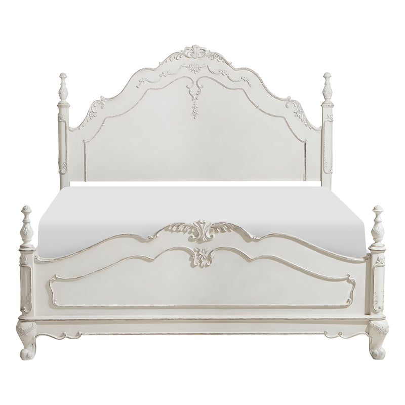 Victorian Style Antique White Queen Bed 1pc Traditional Bedroom Furniture Floral Motif Carving Classic Look Posts