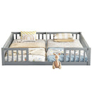 Double Twin Floor Bed with Fence, Guardrails, without door, Grey