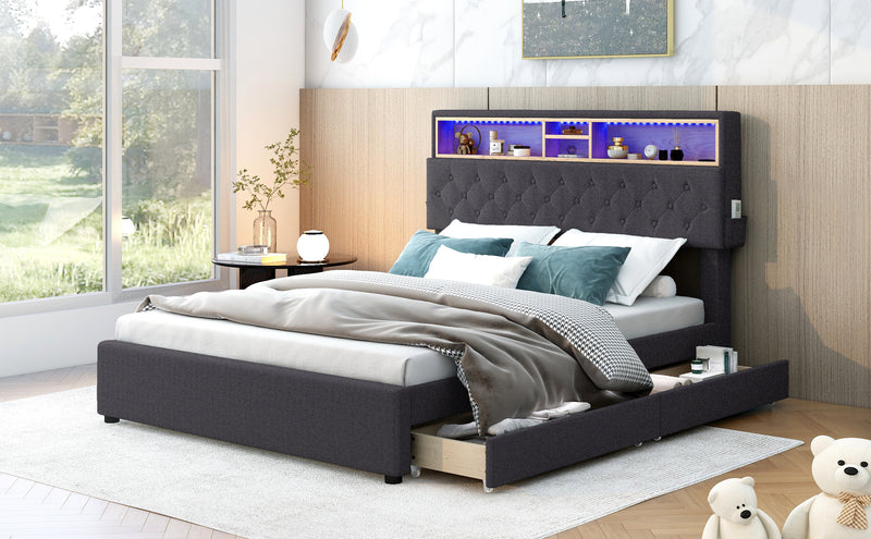Full Size Upholstered Platform Bed with Storage Headboard, LED, USB Charging and 2 Drawers, Dark Gray