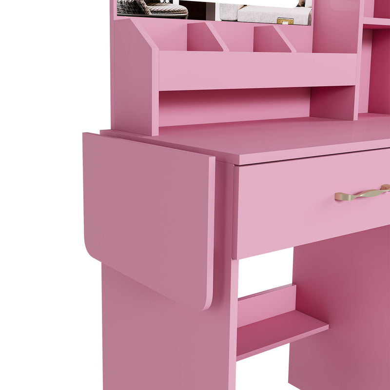 Vanity Desk With LED Mirror Lights And Power Outlet Charging Station, 3 Drawers, 7 Shelves, Storage Stool - Pink