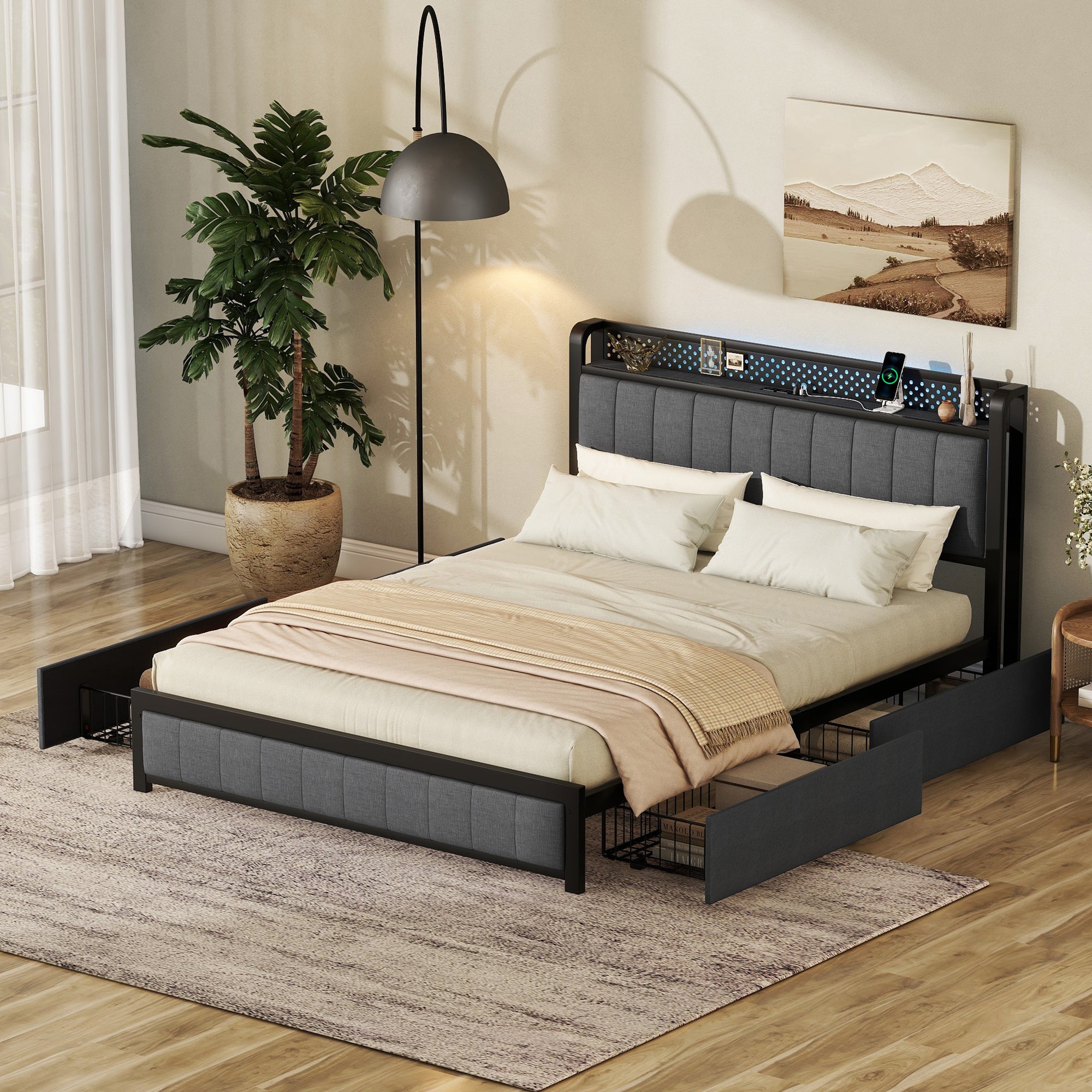 Queen Bed Frame with LED Headboard, Upholstered Bed with 4 Storage Drawers and USB Ports, Dark Grey - Atlantic Fine Furniture Melbourne FL